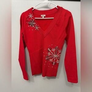 Boston Proper Red V-Neck Snowflake Sweater